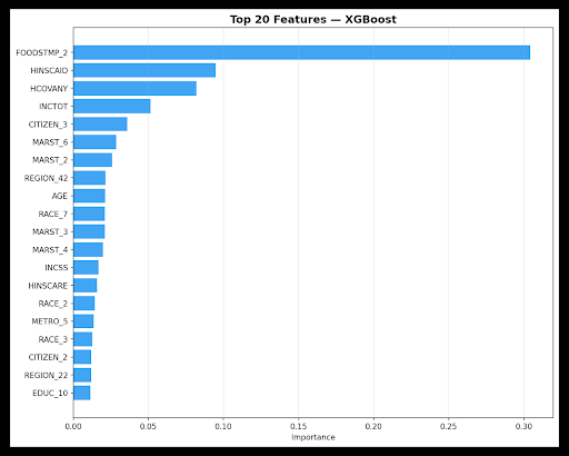 Top 20 XGBoost feature importances on ACS data