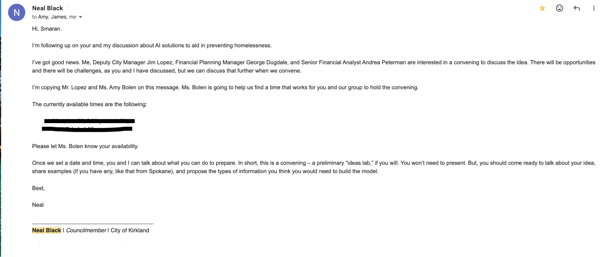 Email from Kirkland Councilmember Neal Black inviting Smaran to a convening with the Deputy City Manager and city finance staff to discuss using AI to help prevent homelessness
